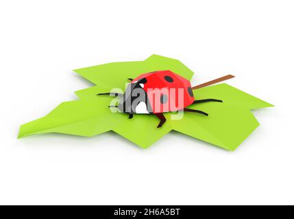 Coccinelle sur la feuille, faible insecte poly, rendu 3d Banque D'Images