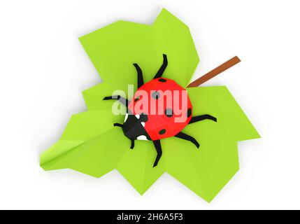 Coccinelle sur la feuille, faible insecte poly, rendu 3d Banque D'Images