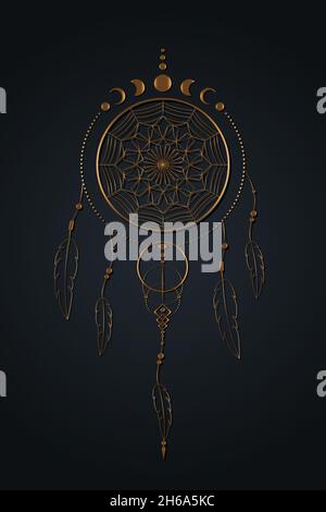 dreamcatcher détaillé avec ornement de mandala et phases de lune.Symbole Mystic d'or, art ethnique avec dessin de boho amérindien, vecteur isolé Illustration de Vecteur