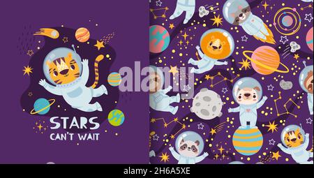 Jolis animaux de dessin animé dans l'espace, imprimé pyjama et motif.Les astronautes dans l'espace survole l'univers Illustration de Vecteur