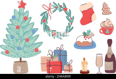 Ensemble d'articles de Noël.Illustrations vectorielles de style plat isolées sur fond blanc Illustration de Vecteur