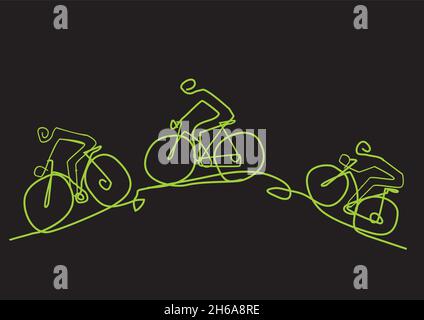 Transport vert, cyclisme, dessin animé stylisé.Illustration colorée de trois cyclistes sur une colline.Isolé sur fond noir.Vecteur disponible Illustration de Vecteur