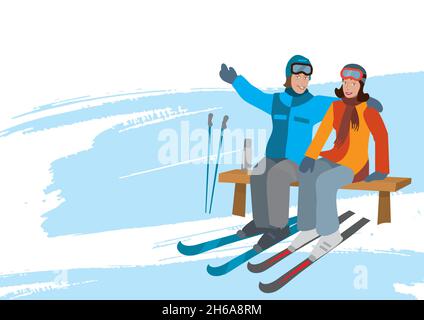 Jeune couple en vacances de ski, arrière-plan de bannière. Jeune couple avec skis assis sur le banc dans des montagnes enneigées, fond de coup de pinceau. Illustration de Vecteur