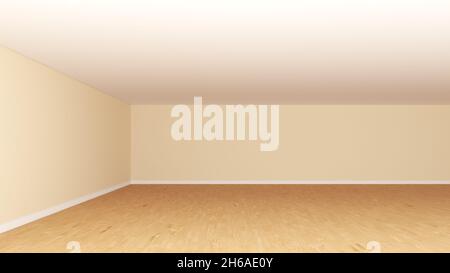 Chambre vide avec murs beige, parquet et Plinth blanc.Illustration 3d, 8K Ultra HD, 7680x4320 Banque D'Images