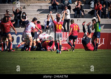 Légende : Madrid, Espagne.14 novembre 2021.Rugby Europe Championship 2021 - Espagne vs Russie.Le Championnat d'Europe de rugby 2021 fait partie du processus de qualification pour la coupe du monde de rugby 2023 en France.Estadio Central UCM, Madrid, Espagne.Crédit: EnriquePSans/Alay Live News Banque D'Images