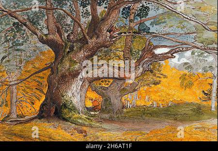 SAMUEL PALMER (1805-1881) peintre de paysage anglais.Sa photo médiatique mixte de 1828 d'Oak Trees, parc Lullingstone Banque D'Images