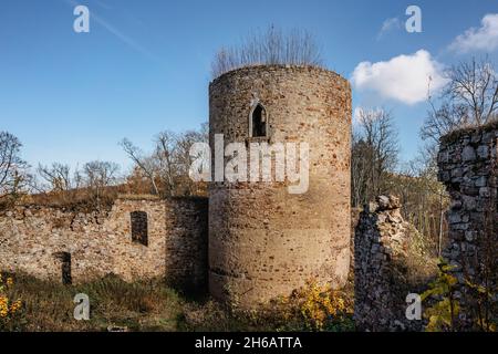 Ruines du château de Valdek en Bohême centrale, Brdy, République tchèque. Il a été construit au XIIIe siècle par la famille aristocratique.il y a maintenant une zone d'entraînement militaire Banque D'Images