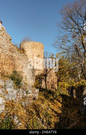 Ruines du château de Valdek en Bohême centrale, Brdy, République tchèque. Il a été construit au XIIIe siècle par la famille aristocratique.il y a maintenant une zone d'entraînement militaire Banque D'Images