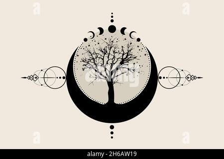 Arbre sacré et croissant de lune.Phases de la Lune mystique dessinées à la main, arbre de vie, géométrie sacrée.Wicca bannière vieux signe, cercle d'énergie, vecteur de style boho Illustration de Vecteur