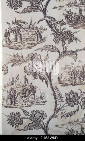 Panneau (tissu d'ameublement), Angleterre, ch.1770/80.Imprimé fleuri et vignettes d'inspiration chinoise. Banque D'Images