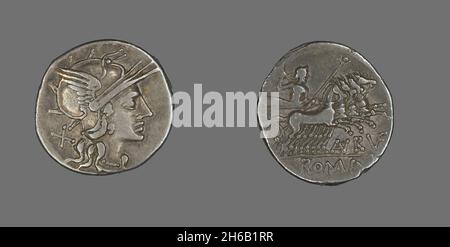 Denarius (pièce) représentant la Déesse Roma, 144 BCE. Banque D'Images