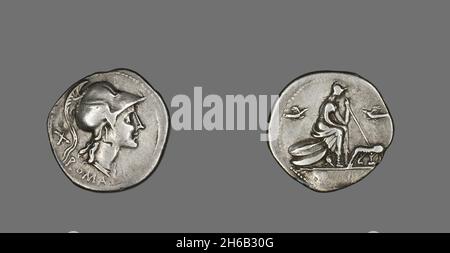 Denarius (pièce) représentant la Déesse Roma, 115 ou 114 BCE. Banque D'Images