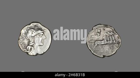 Denarius (pièce) représentant la Déesse Roma, 136 BCE. Banque D'Images