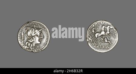 Denarius (pièce) représentant la Déesse Roma, 128 BCE. Banque D'Images