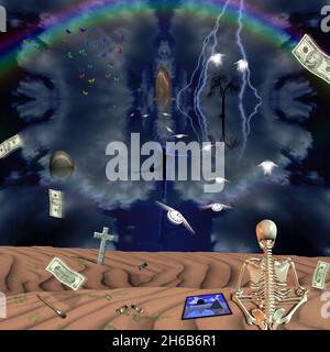 Composition symbolique.Méditer le squelette, des billets en dollars américains. Croix, ampoules ailées et horloges, peinture et silhouette dansante.rendu 3d. Banque D'Images