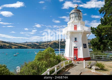 Les chefs d'Akaroa phare, Point de cimetière, Beach Road, Bath, la péninsule de Banks, Canterbury, Nouvelle-Zélande Banque D'Images