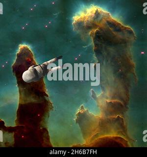 L'astronaute vole dans un espace éclatant.Rendu 3D. Banque D'Images