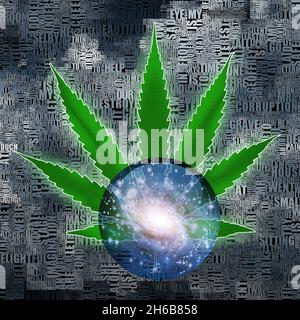 Feuille de marijuana.Boule de verre avec galaxie à l'intérieur.Rendu 3D. Banque D'Images