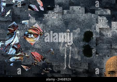 Composition avec mots.Éléments surréalistes.Rendu 3D. Banque D'Images