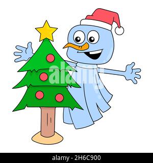 fantôme en tissu près du sapin célébrant noël, illustration vectorielle art. doodle icône image kawaii. Illustration de Vecteur