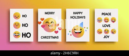 Ensemble de cartes de dessin animé Emoji de Noël.Collection de visages amusants pour les fêtes ou les fêtes. Illustration de Vecteur