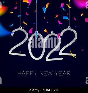 Illustration de la carte de vœux du nouvel an 2022 avec citation de la date des fêtes et explosion des confettis de fête de carnaval. Illustration de Vecteur