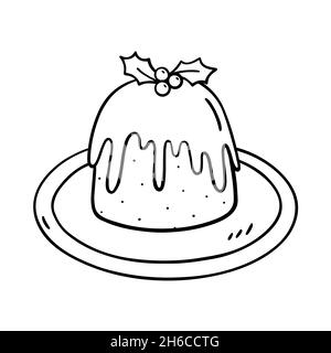 Pudding de Noël traditionnel avec baies de houx sur une assiette isolée sur fond blanc.Illustration vectorielle dessinée à la main dans un style de coolé. Illustration de Vecteur