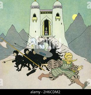 Illustration pittoresque de la vie traditionnelle en France, avec un chevaliers et ses soldats fuyant d'un château; publié vers 1927 Banque D'Images