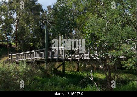 Un regard plus rapproché sur l'ancien pont suspendu en bois au-dessus de Mullum Mullum Creek à Ringwood, Victoria, Australie. Banque D'Images