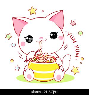 Le chat blanc mignon mange des nouilles ramen.Inscription Yum Yum.Kawaii petit kitty sont heureux de manger des nouilles.Vecteur EPS8 Illustration de Vecteur