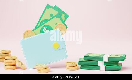Porte-monnaie avec pièces et billet de banque dollar, argent en ligne paiement économie réussite d'entreprise icône sur fond rose, financement d'investissement, argent de retour porte-monnaie complet, Banque D'Images