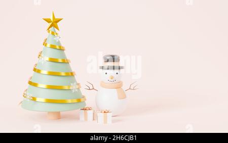 Sapin de Noël avec décorations de ruban et pins de dessin animé bonhomme de neige pour bannière carte de voeux sur fond rose pastel, symbole du nouvel an et arbre de Noël, Banque D'Images