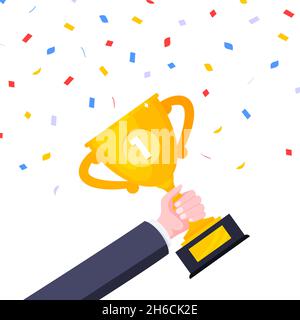 Main tient le gagnant de la récompense d'or trophée gobelet de gobelet icône signe de style plat design illustration vectorielle Illustration de Vecteur