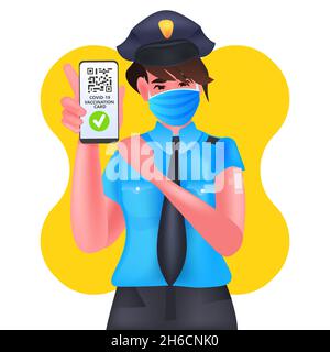 policewoman vacciné utilisant le passeport d'immunité numérique avec code qr sur l'écran de smartphone vaccination réussie covid-19 Illustration de Vecteur