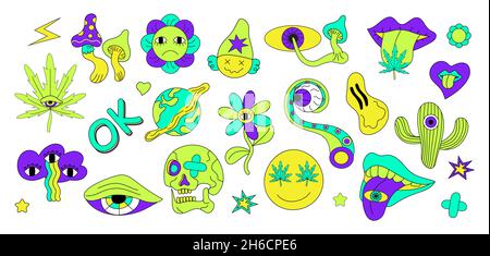 Autocollants psychédéliques ensemble vectoriel.Champignons crasy et yeux abstraits.Crâne, lèvres, cannabis, dessin à la main au néon.Coeur fluo, cactus, pied octopus sont illustrés. Illustration de Vecteur