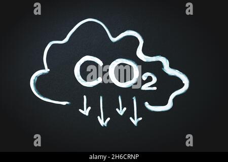 Panneau CO2 et flèches pointant vers le bas et nuages sur le tableau noir.Réduire les émissions de dioxyde de carbone, limiter le réchauffement planétaire et le changement climatique Banque D'Images