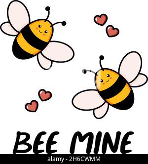 Carte de voeux à motif abeille mignonne.Carte postale dessinée à la main pour l'anniversaire, illustration vectorielle colorée et tendance de la Saint-Valentin avec texte.Dessin animé style doodle avec une phrase être le mien.Conception plate isolée sur blanc Illustration de Vecteur