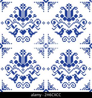 Motif floral vectoriel à point de croix rétro sans couture, arrière-plan artistique folklorique répétitif inspiré des broderies de style allemand et autrichien Illustration de Vecteur