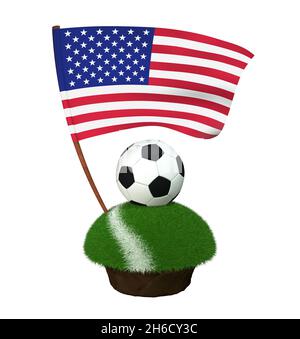 Un ballon rond noir et blanc pour jouer au football et le drapeau national des États-Unis d'Amérique sont situés sur une partie d'un terrain de football avec Banque D'Images