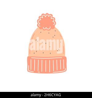 Casquette tricotée rose avec pompon.Vêtements d'automne ou d'hiver de saison.Illustration vectorielle plate Illustration de Vecteur