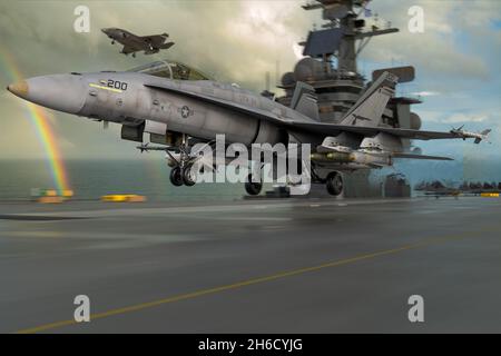 Les chasseurs F-18 de la Marine sont assis sur le pont de vol d'un porte-avions Banque D'Images