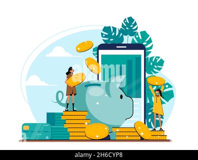 Les filles d'affaires investissent de l'argent dans une banque en ligne à l'intérêt.Tirelire avec pièces d'or.Services bancaires en ligne et concept d'épargne. Illustration de Vecteur