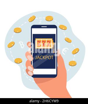 Conception plate de machine à sous avec jackpot de sept chanceux.La main tient le smartphone avec jackpot.Pièces d'or et symboles d'argent.Illustration vectorielle. Illustration de Vecteur