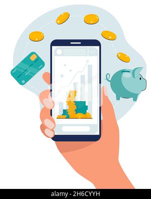 Investissement d'affaires, économie et gestion d'argent, concept de conception de commerce financier.Main avec un smartphone, un tableau des bénéfices croissants, une banque de piggy, des pièces d'or. Illustration de Vecteur