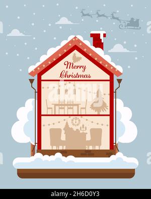 Maison décorée en hiver.Carte de vœux.Intérieur moderne et détaillé.Chambres avec meubles.Illustration vectorielle de style plat. Illustration de Vecteur
