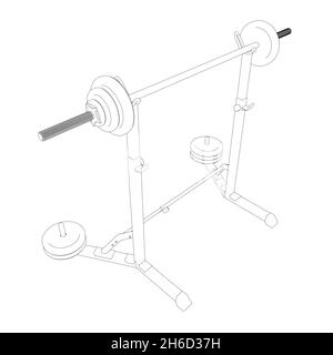 Contour d'une barbell sur un rack de squat à partir de lignes noires isolées sur un fond blanc.Vue isométrique.Illustration vectorielle Illustration de Vecteur