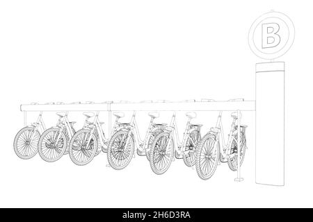 Contour de stationnement de vélo à partir de lignes noires isolées sur fond blanc.Illustration six bicyclettes Vector Illustration de Vecteur