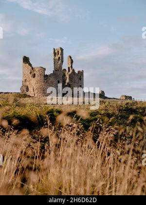Le paysage d'été des ruines du château de Dunstanburgh - fortification de 14th-siècle dans le nord de l'Angleterre de Cester Northumberland Banque D'Images