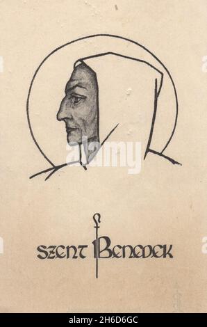 Scène religieuse antique gravure d'œuvres graphiques par artiste inconnu.Saint Benoît / Benoît de la Nurse / Szent Benedek Banque D'Images