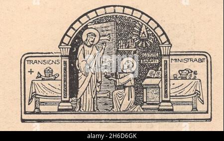 Scène religieuse antique du XIXe siècle gravure d'œuvres graphiques d'un artiste inconnu.( transiens, Estote parati, Ministrabit) Jésus et un saint agenouillé. Banque D'Images